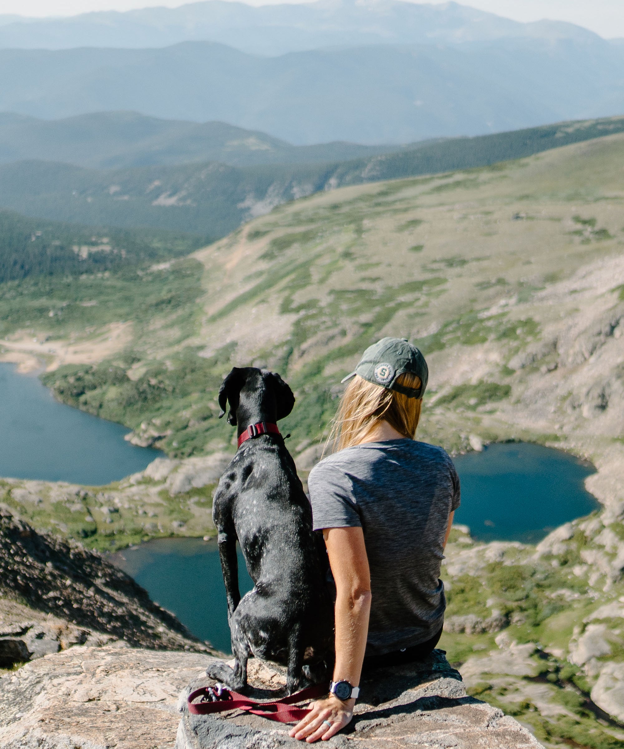 A dog and their owner sitting on mountain overlook while using their atlas pet company gear