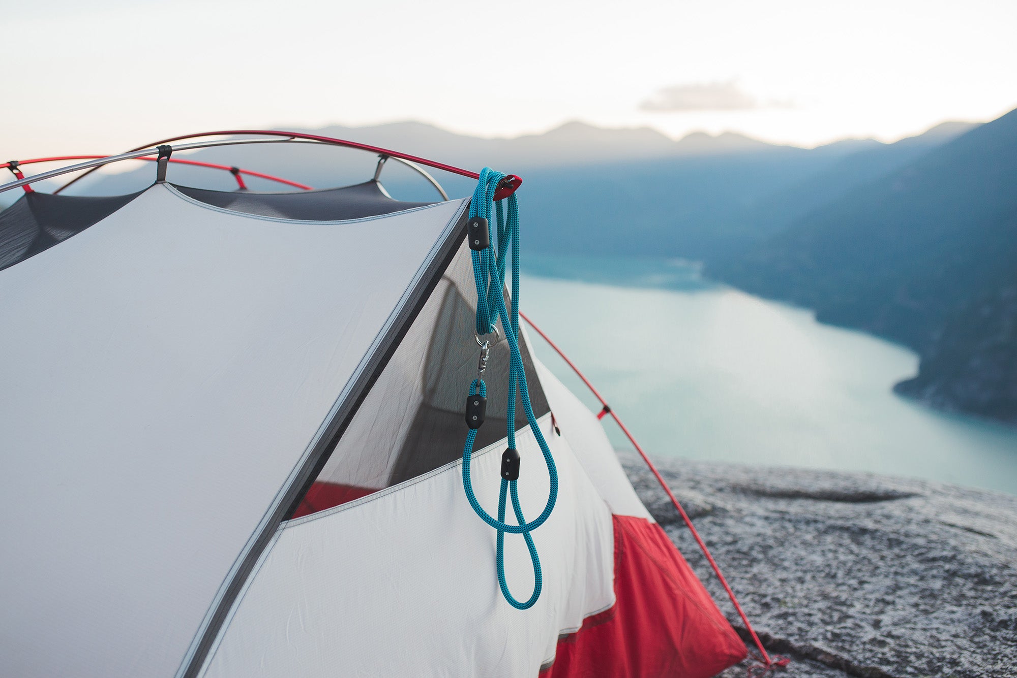 atlas pet company lifetime leash on tent on mountain overlook